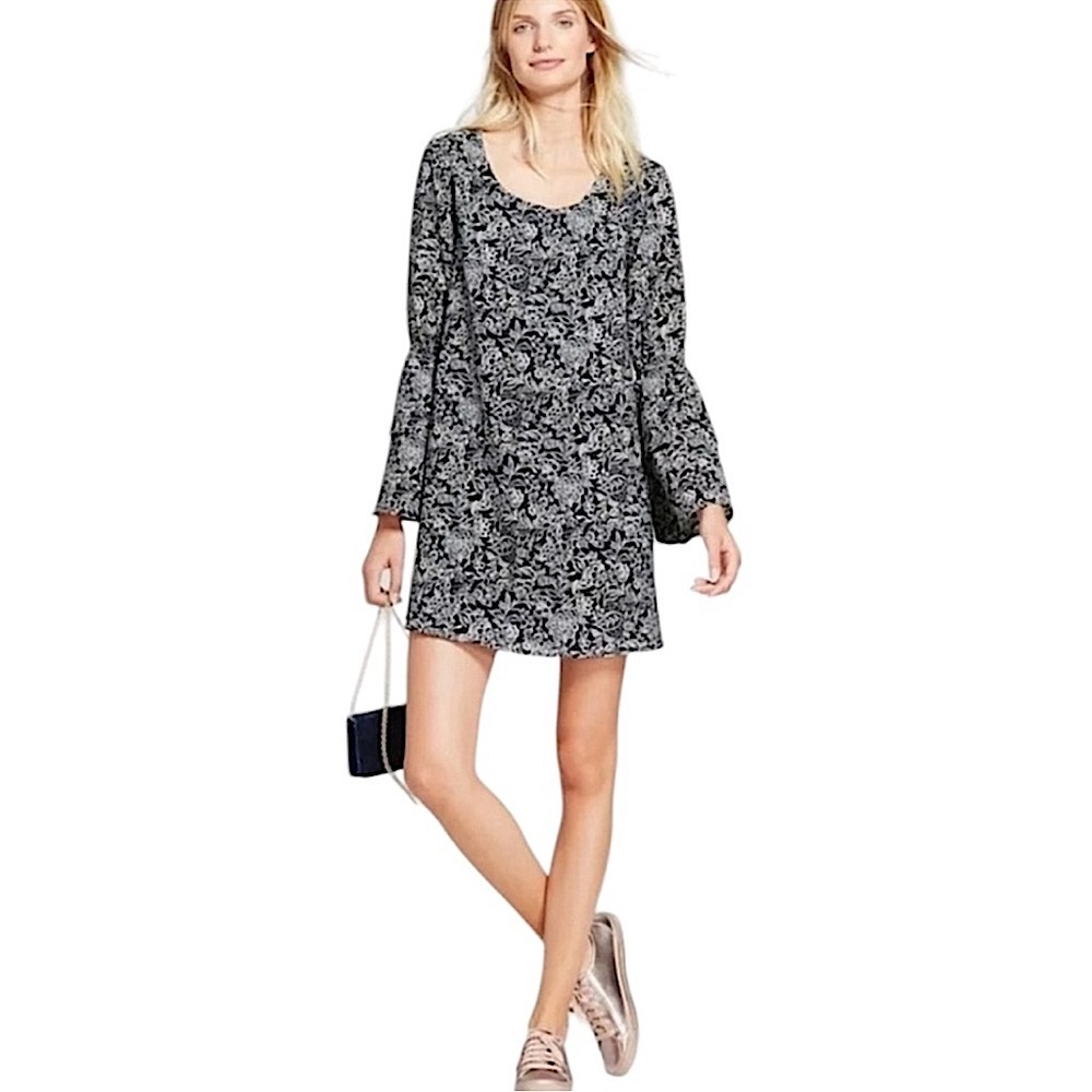 A New Day Black White Floral Tunic Dress w/ Bell Sleeves Size Women's Size XXL